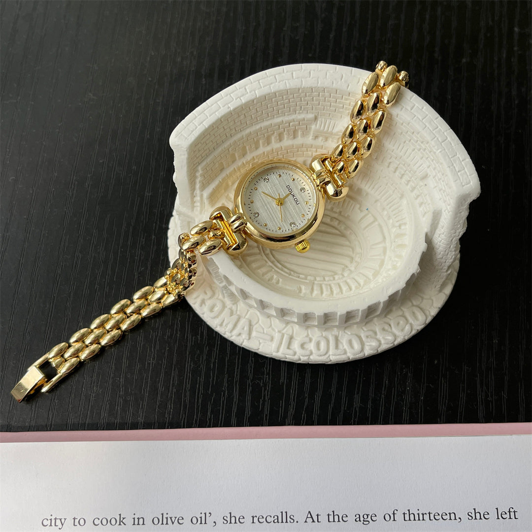 Round Dial Watch with Crystal Accents and Narrow Band