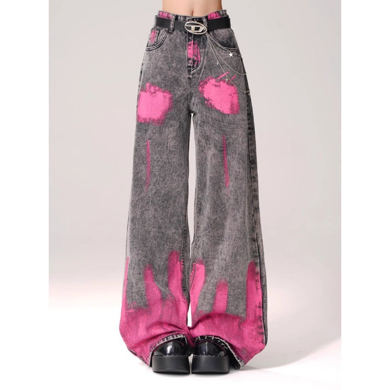 Graffiti print straight-leg floor-length jeans