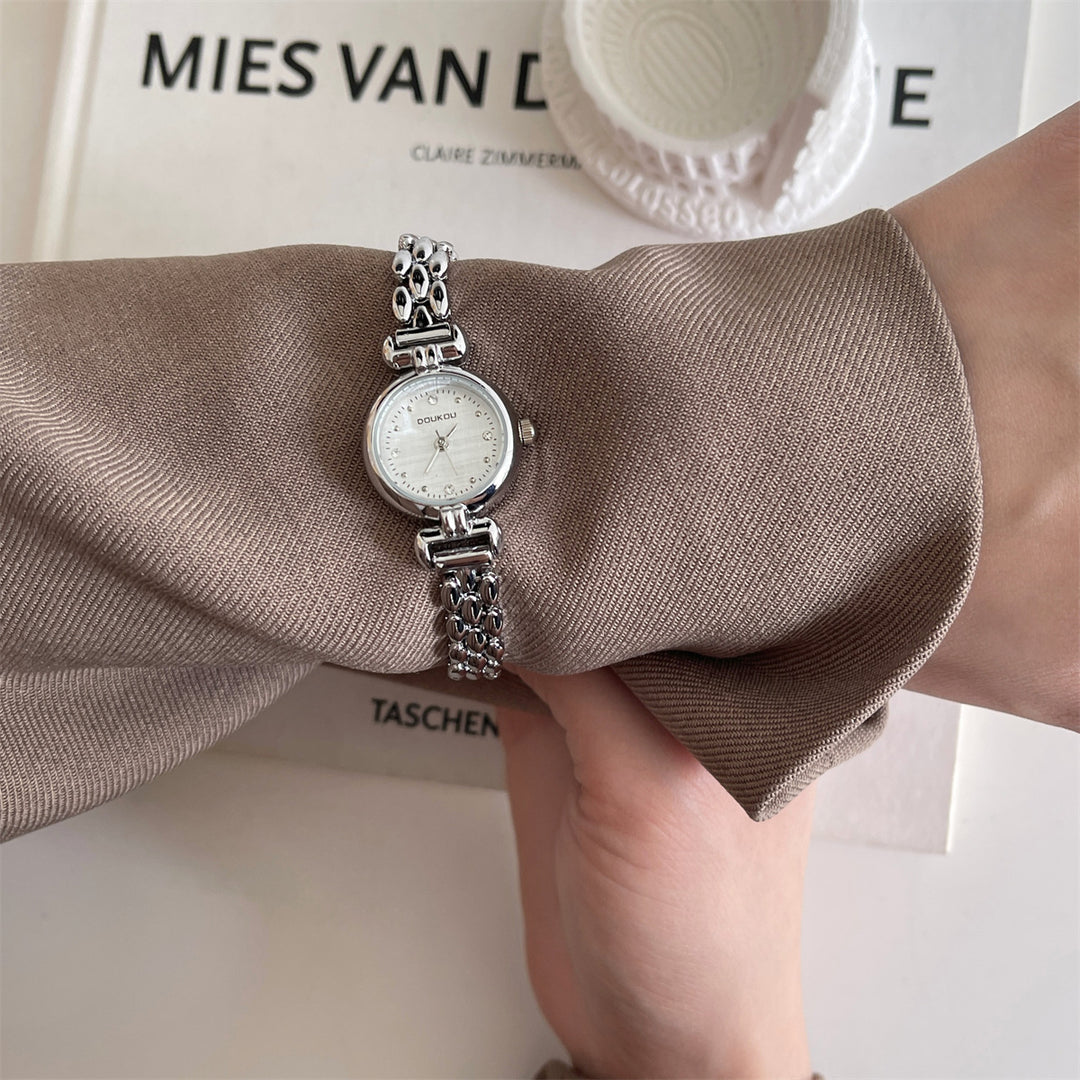 Round Dial Watch with Crystal Accents and Narrow Band