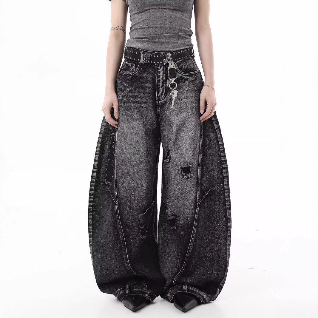 Retro Hong Kong Style Distressed Ripped Wide-Leg Jeans