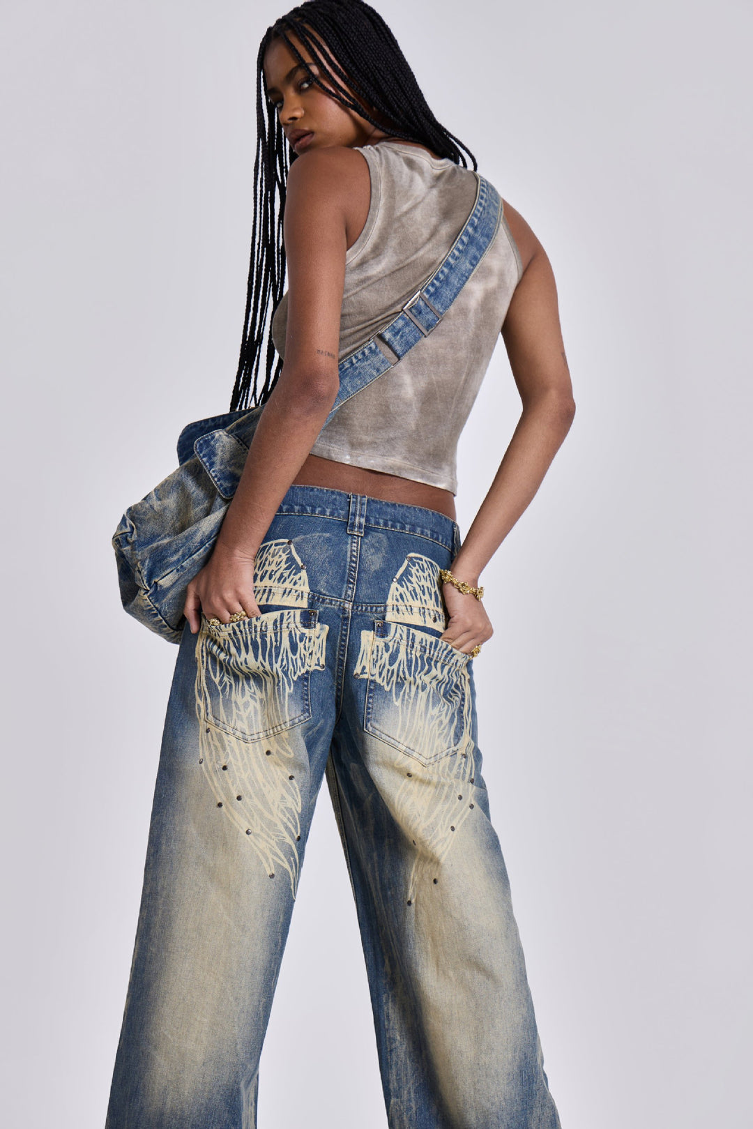 Washed & Distressed Wide-Leg Jeans with Gradient Wing Print