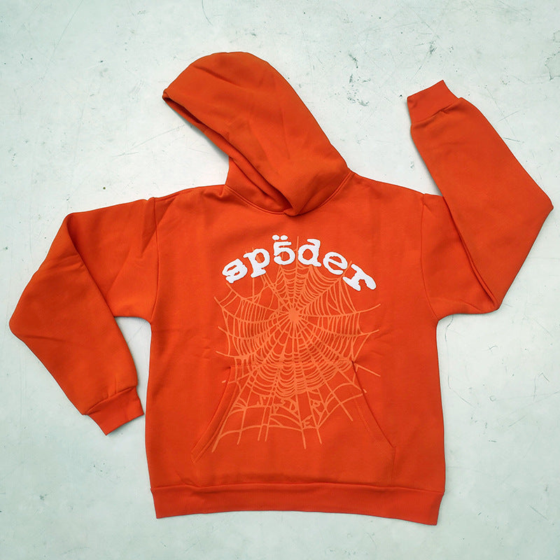 Sp5der fleece-lined hoodie with spiderweb print.
