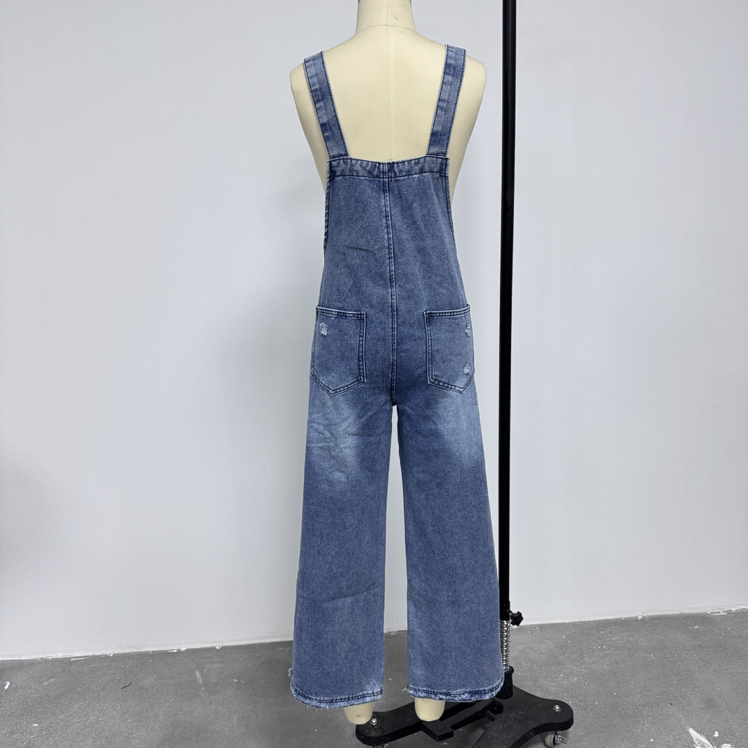 Vintage Distressed Ripped Loose-Fit Wide-Leg Denim Overalls