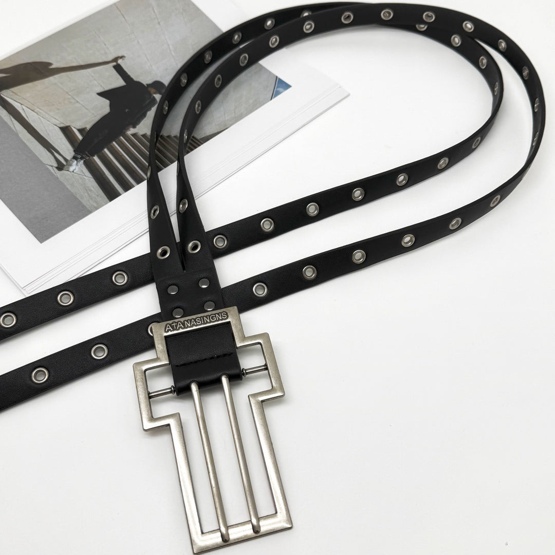 Distressed Cross Buckle Split Leather Belt