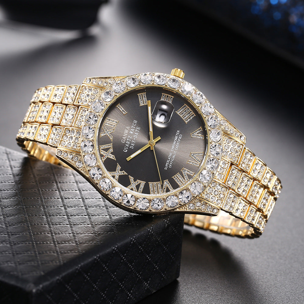 Fully Jeweled, Steel-Band, Calendar Quartz Watch