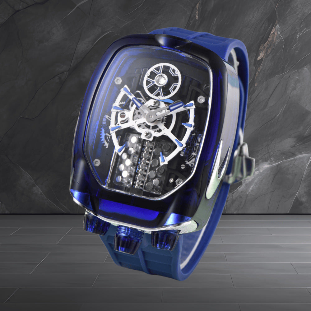 W16 Engine-Style Watch with Sparkling Transparent Crystal Case