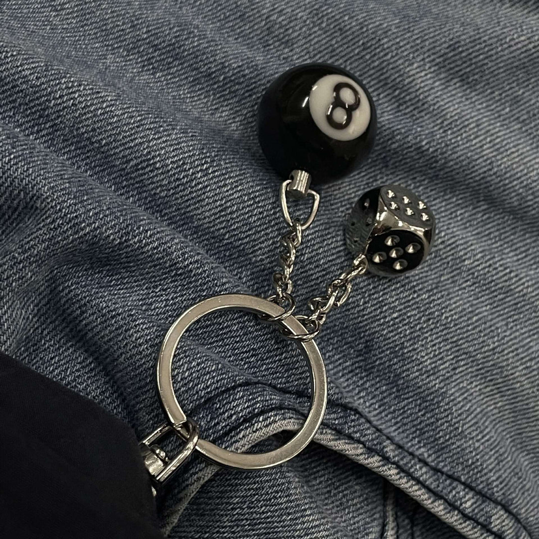 Solid "Black 8" & Silver Dice Keychain