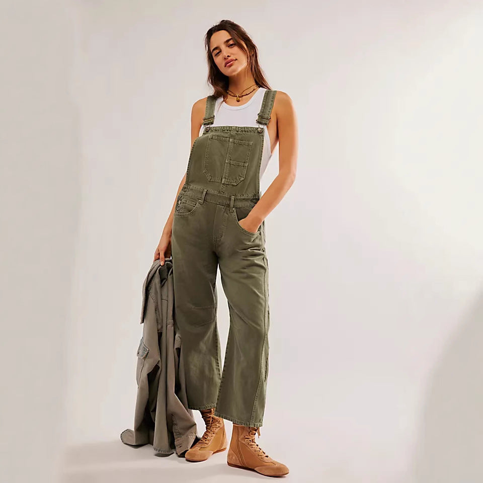 Washed Vintage, Loose-Fit, Straight-Leg Cargo Denim Overalls