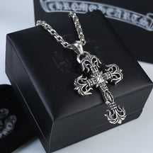 Chrome hearts punk flame pendant Roman cross necklace