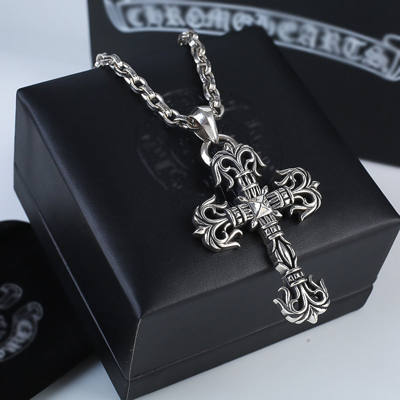 Chrome hearts punk flame pendant Roman cross necklace