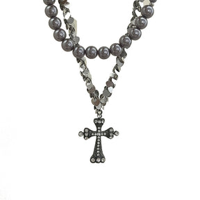 rosary necklace Gray pearl cross necklace