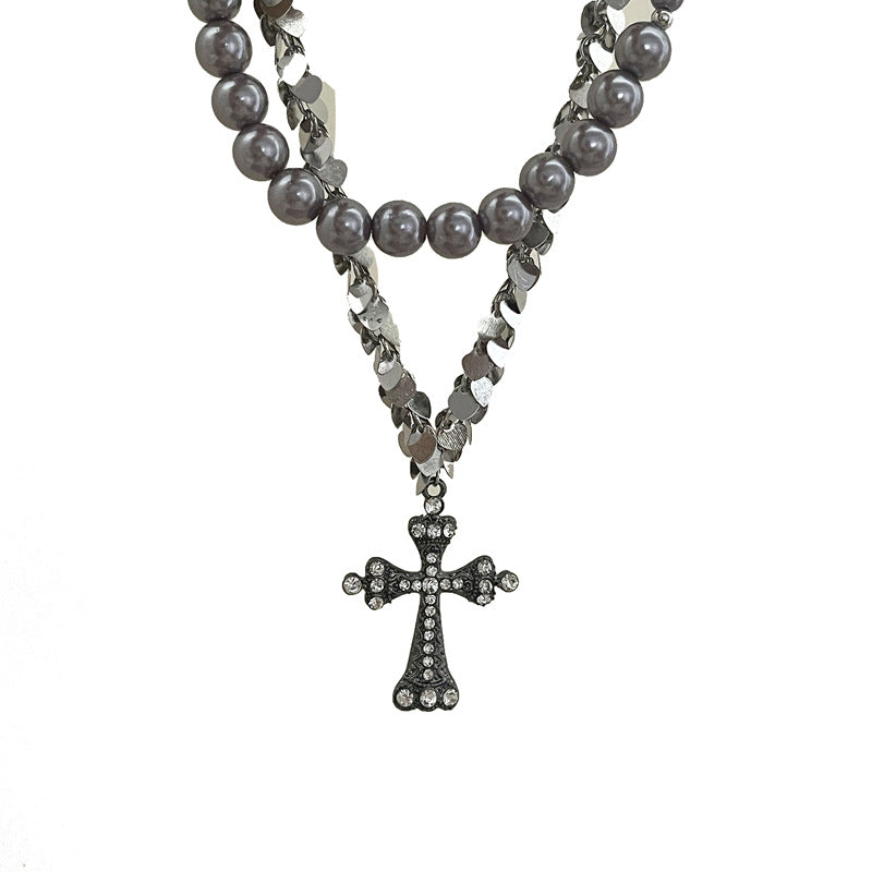 rosary necklace Gray pearl cross necklace