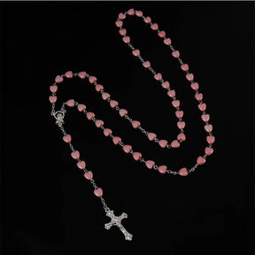 Heart-shaped pink rosary necklace