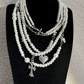 Cross heart star pearl necklace