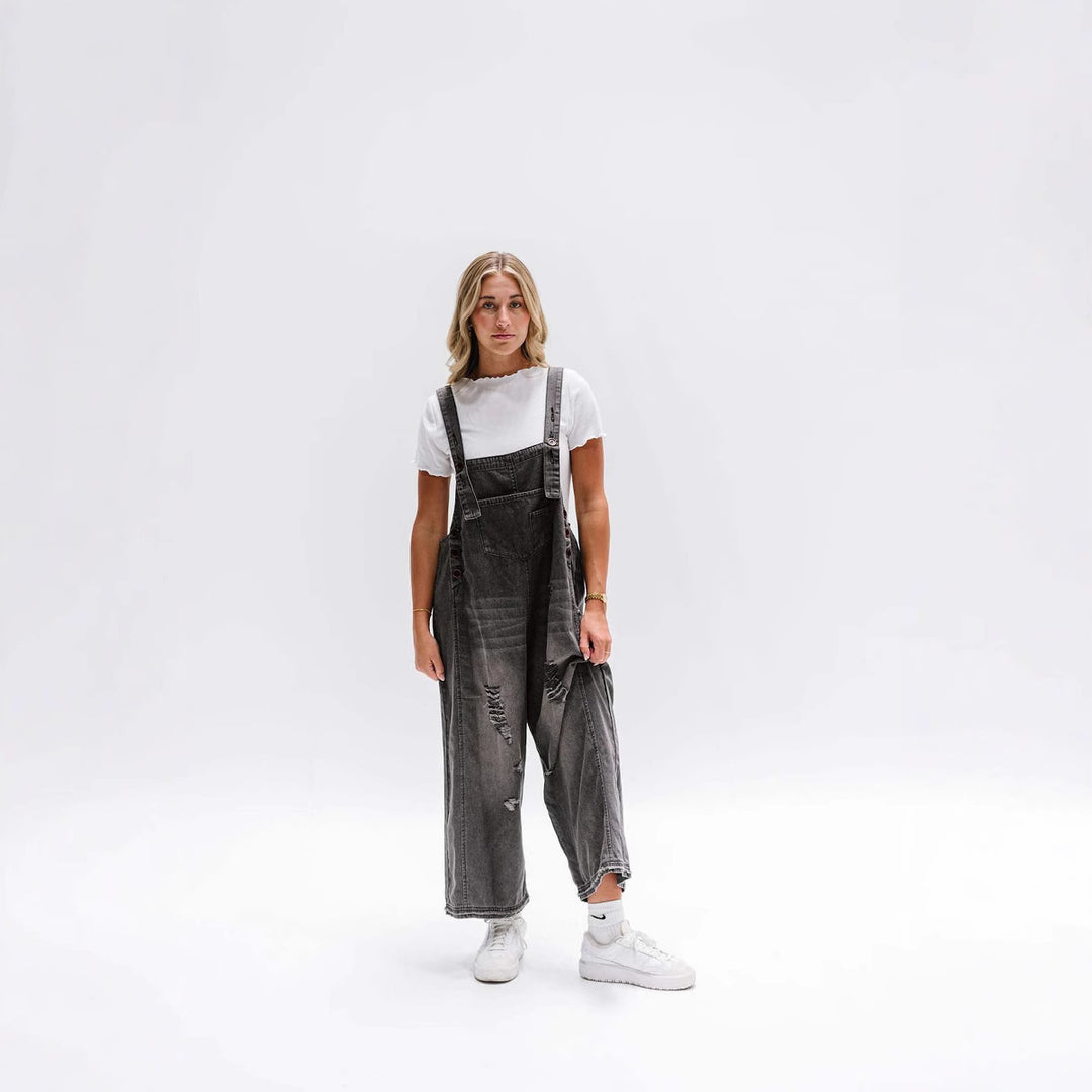 Vintage Distressed Ripped Loose-Fit Wide-Leg Denim Overalls