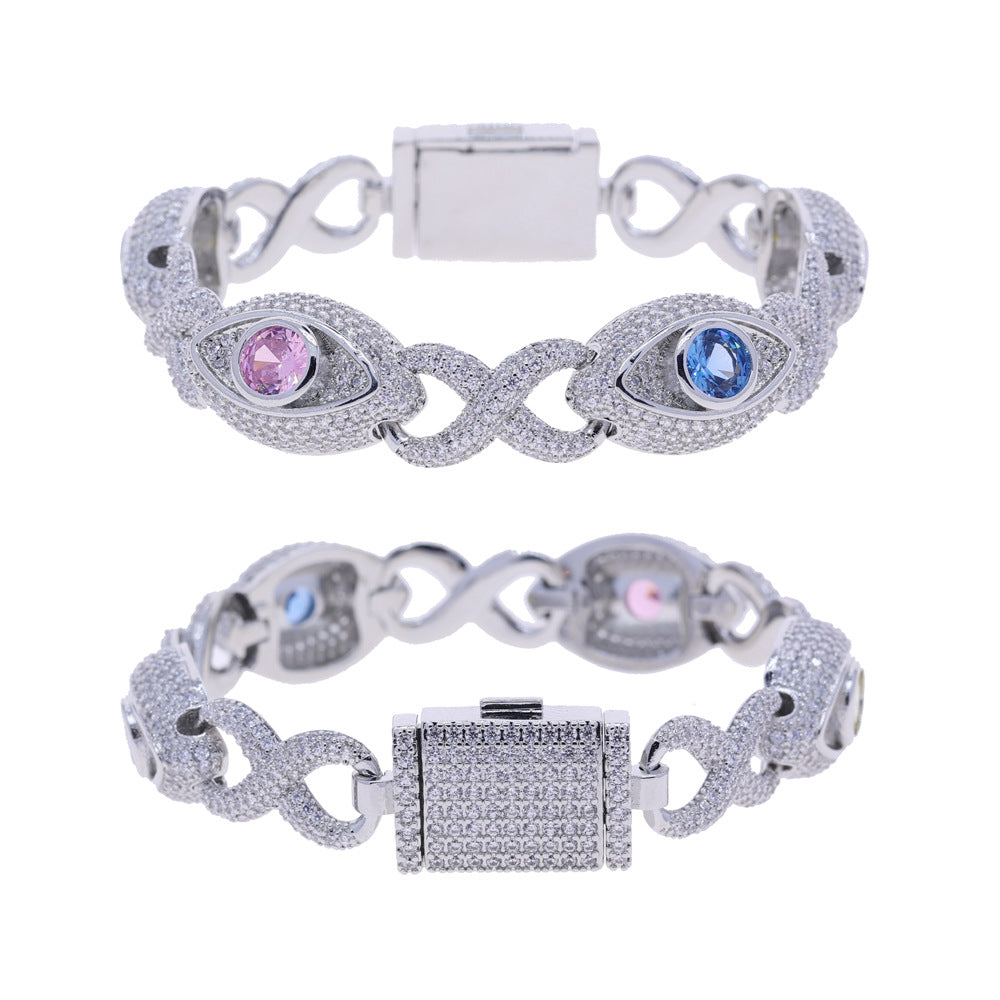 Eye-themed infinity bracelet with colored zircon, figure-eight chain