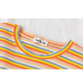 Women's short navel-baring rainbow striped tight T-shirt