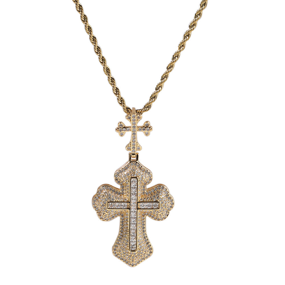Hip-hop zircon-encrusted couple's necklace with large and small crosses