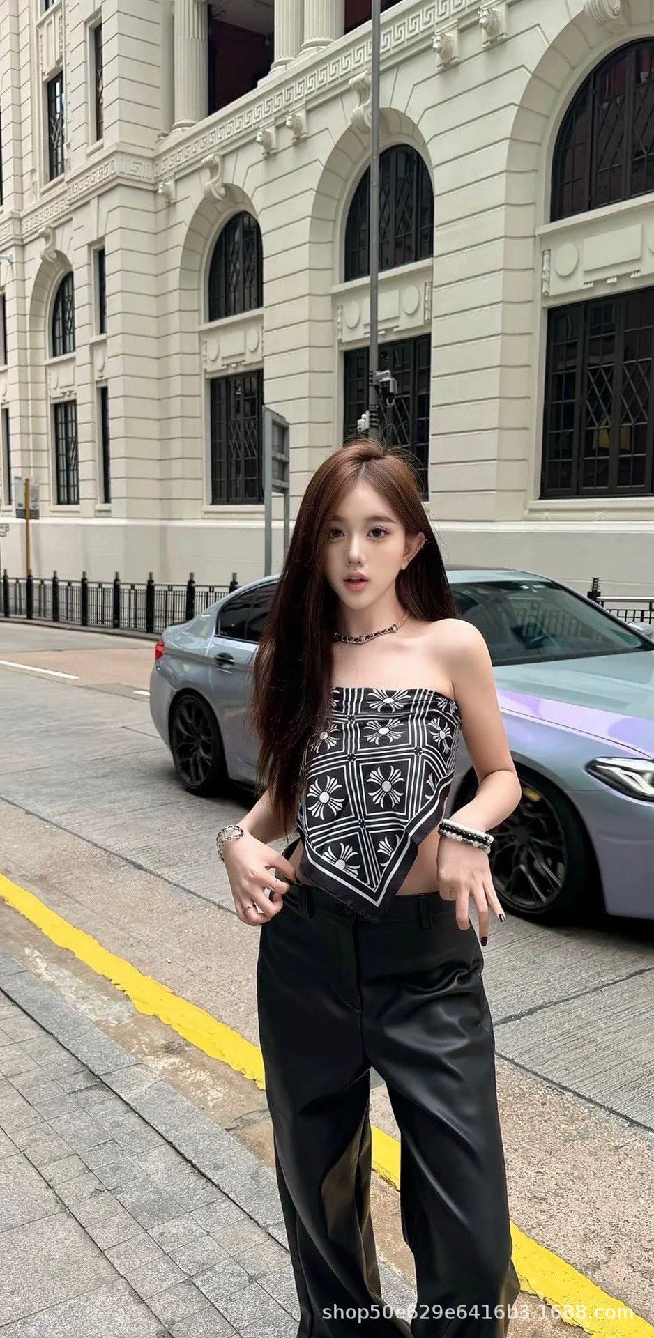Chrome Hearts-Style All-Over Print Silk Bandeau Top