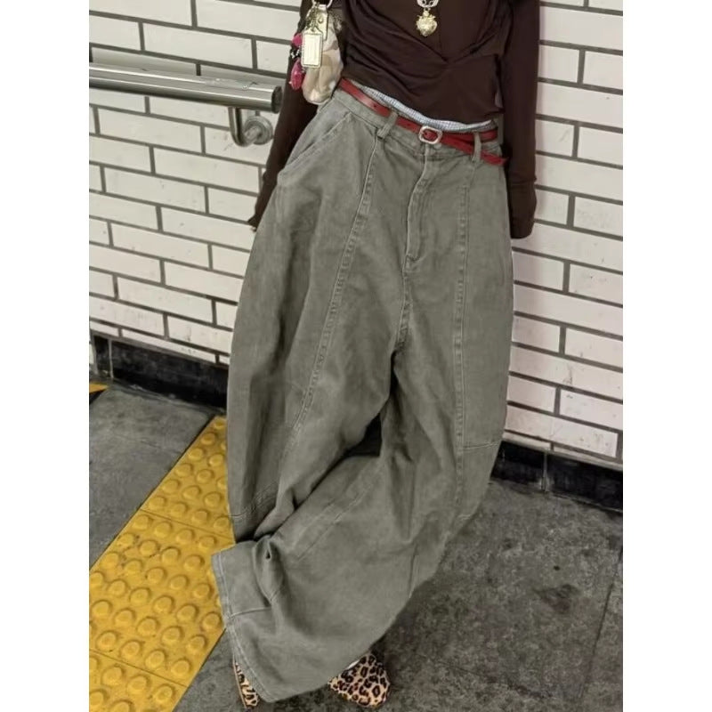 Y2K Plus Size Washed Curved Blade Wide-Leg Pants