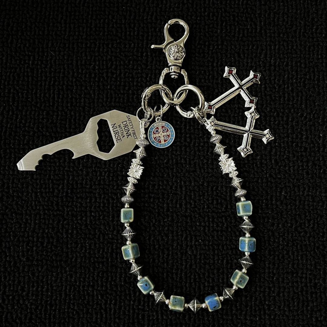 Vintage Blue Ceramic Bead Keychain with Cross Charms