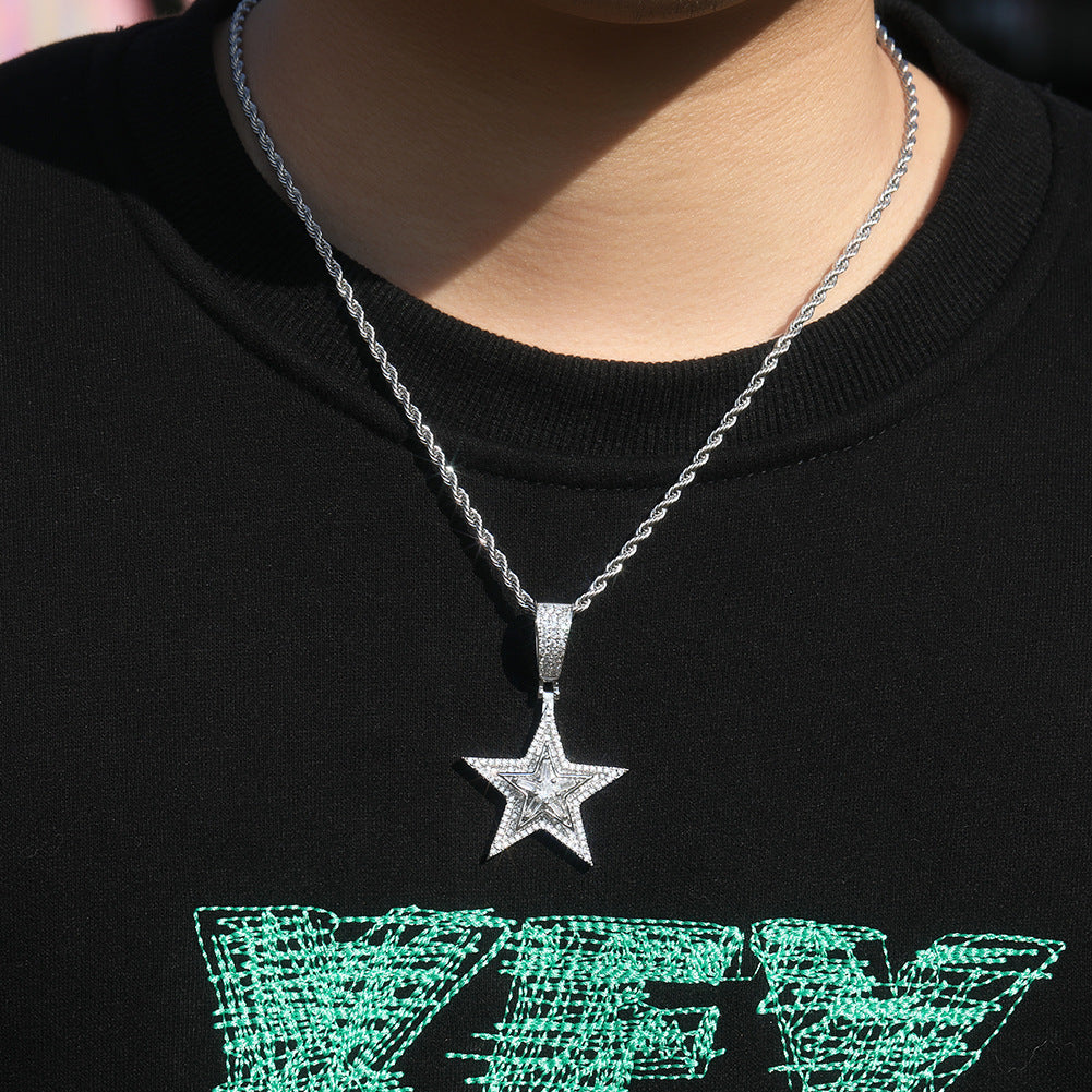 Hip-hop diamond-studded rotating five-pointed star necklace