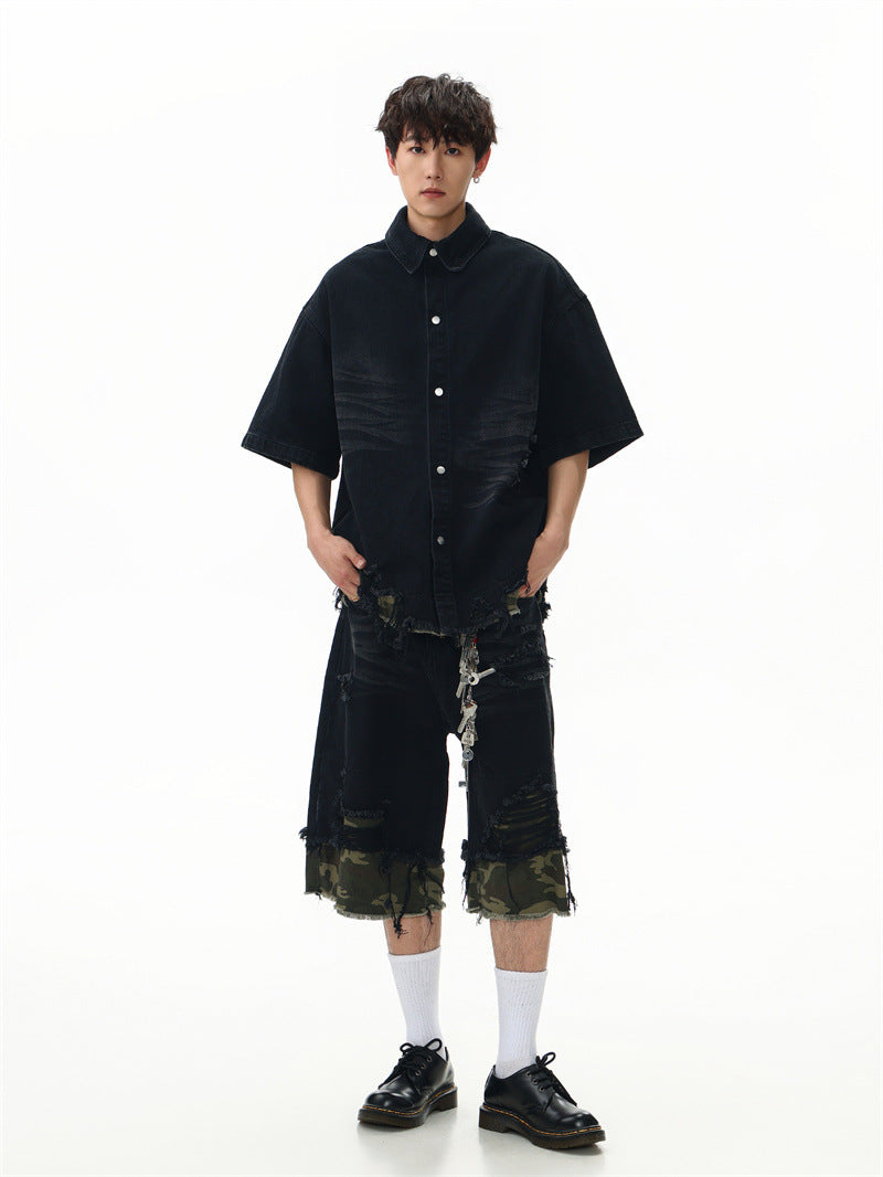 Raw-Hem Leopard-Print Patchwork Denim Shirt & Shorts Set
