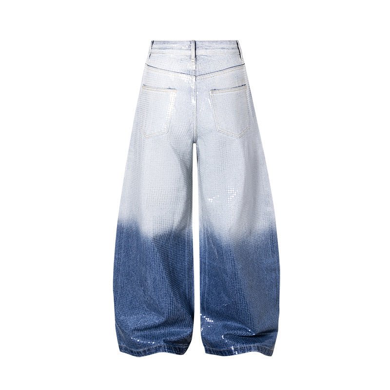 Rhinestone sequin gradient color wide-leg jeans