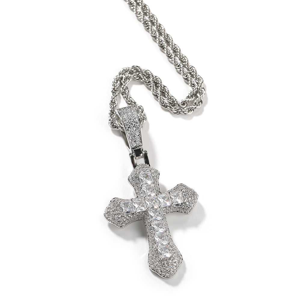 Hip-hop copper-inlaid purple zircon cross necklace