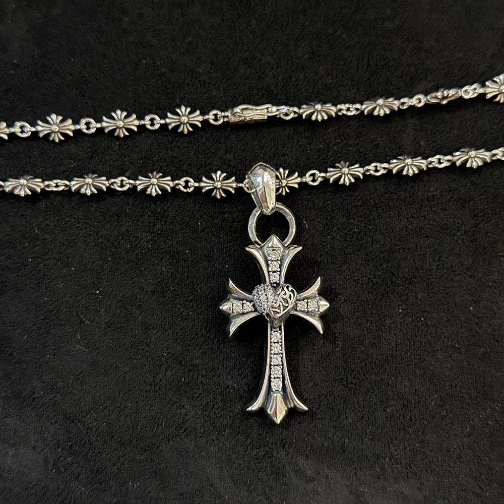 Chrome Hearts white diamond heart-shaped cross pendant