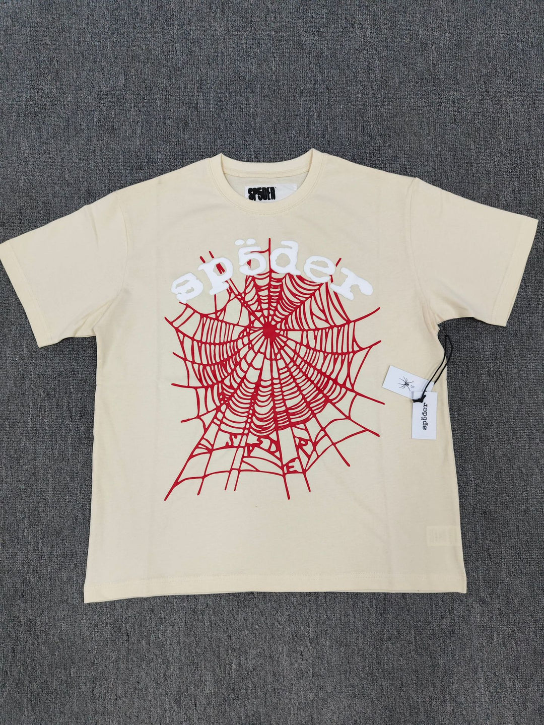 Hip-hop SP5der loose-fitting spider web T-shirt with lettering
