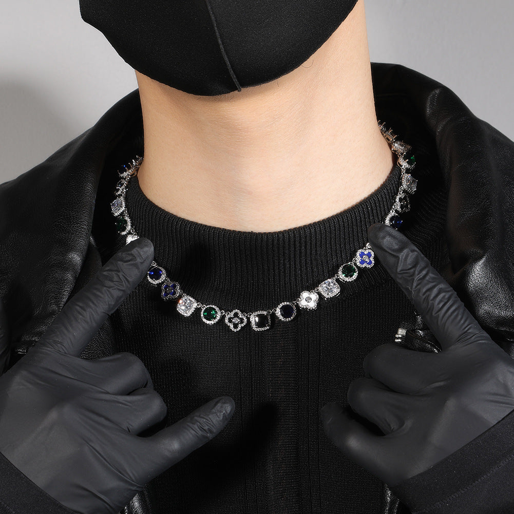 Hip-hop colorful rhinestone-encrusted flower necklace