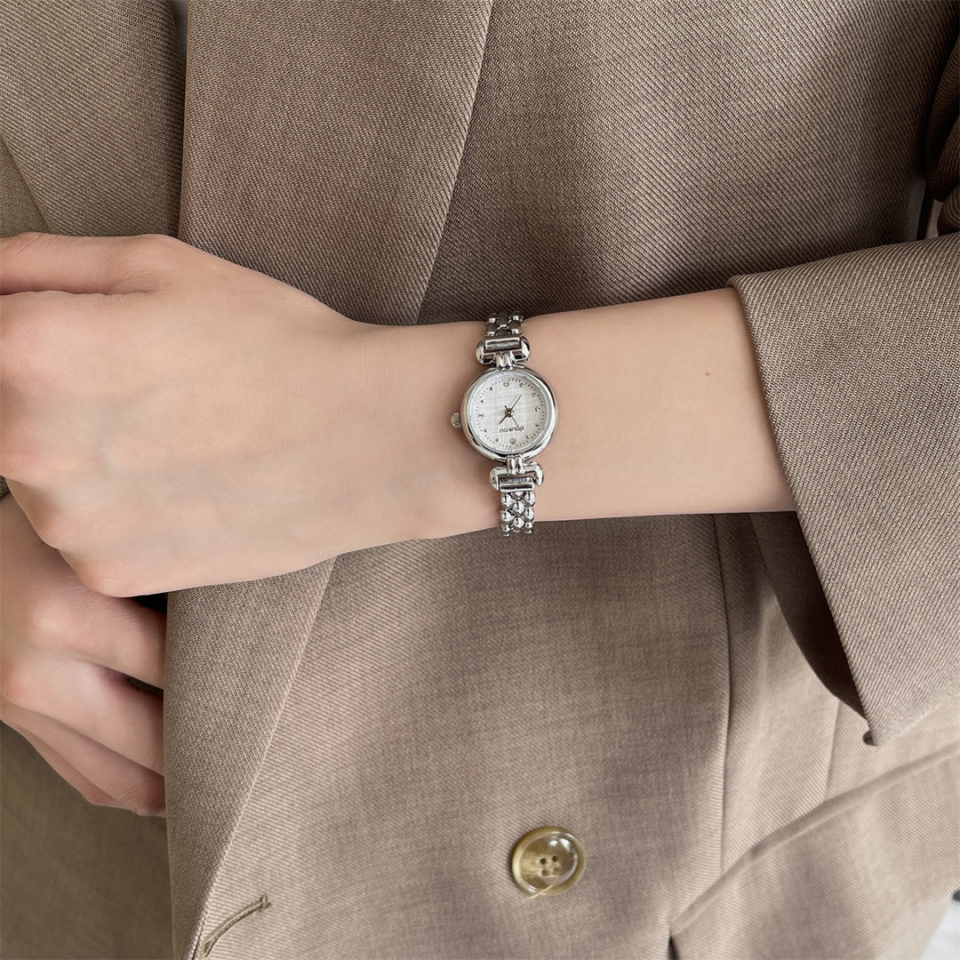 Round Dial Watch with Crystal Accents and Narrow Band