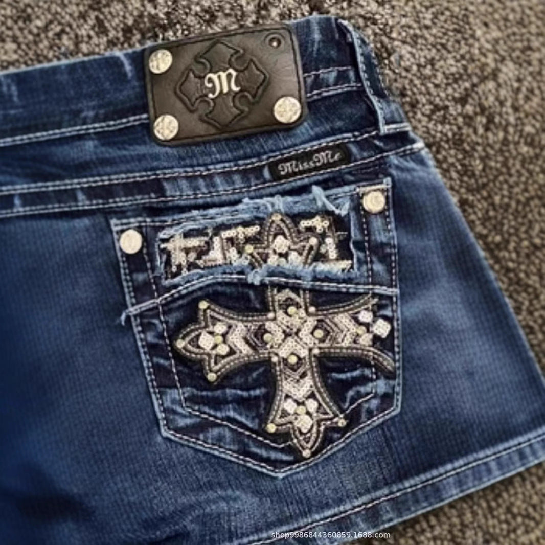 Rhinestone cross pattern embroidered versatile shorts