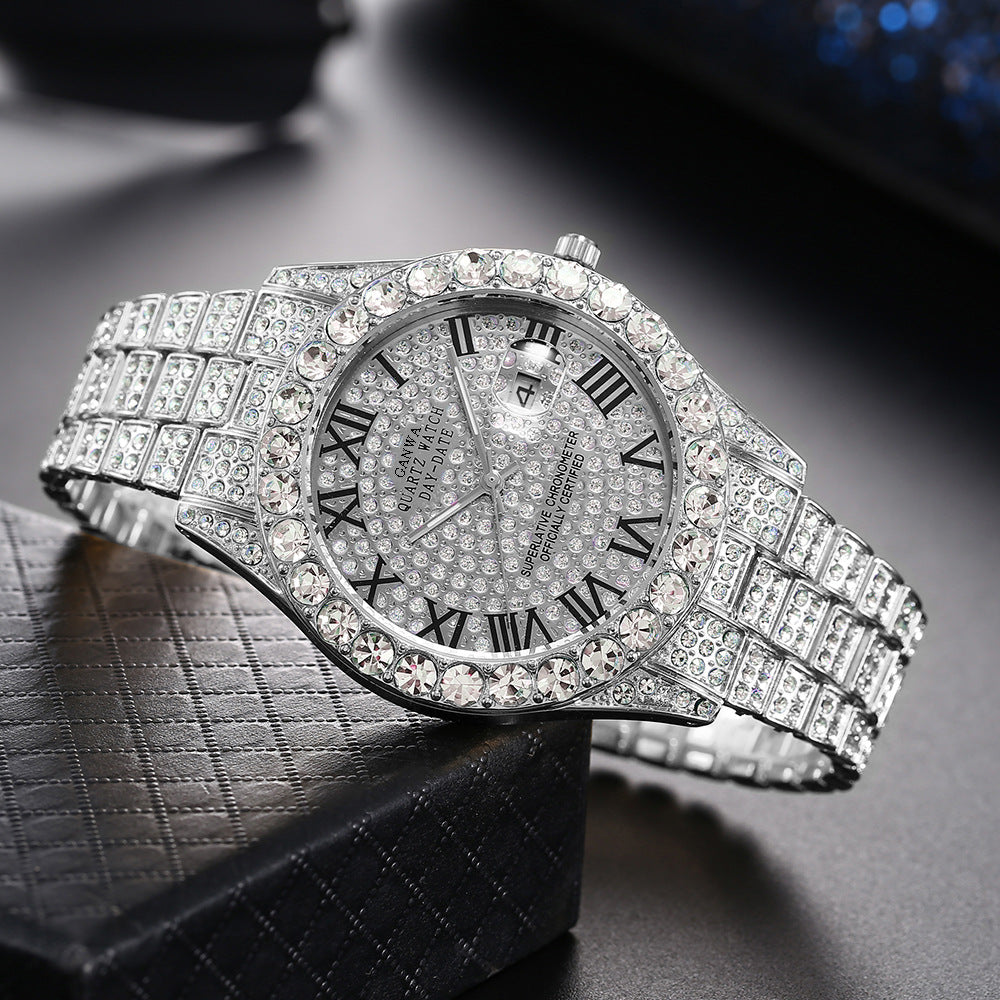 Fully Jeweled, Steel-Band, Calendar Quartz Watch