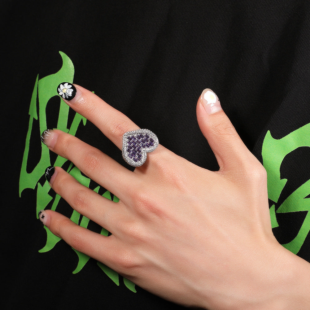 Hip-Hop T-Square & Heart-Shaped Zirconia Ring