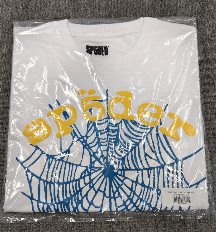 Hip-hop SP5der loose-fitting spider web T-shirt with lettering