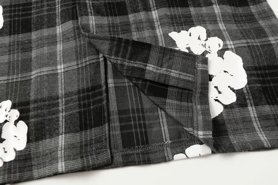Kapok flower foam print plaid shirt set