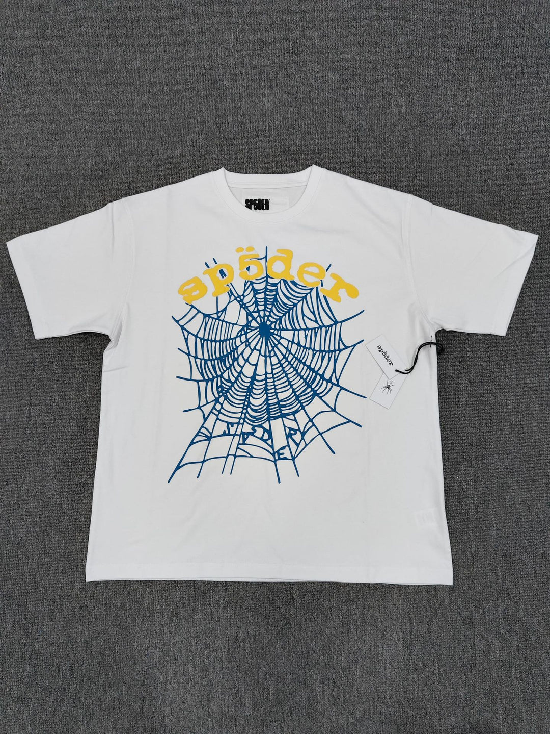 Hip-hop SP5der loose-fitting spider web T-shirt with lettering
