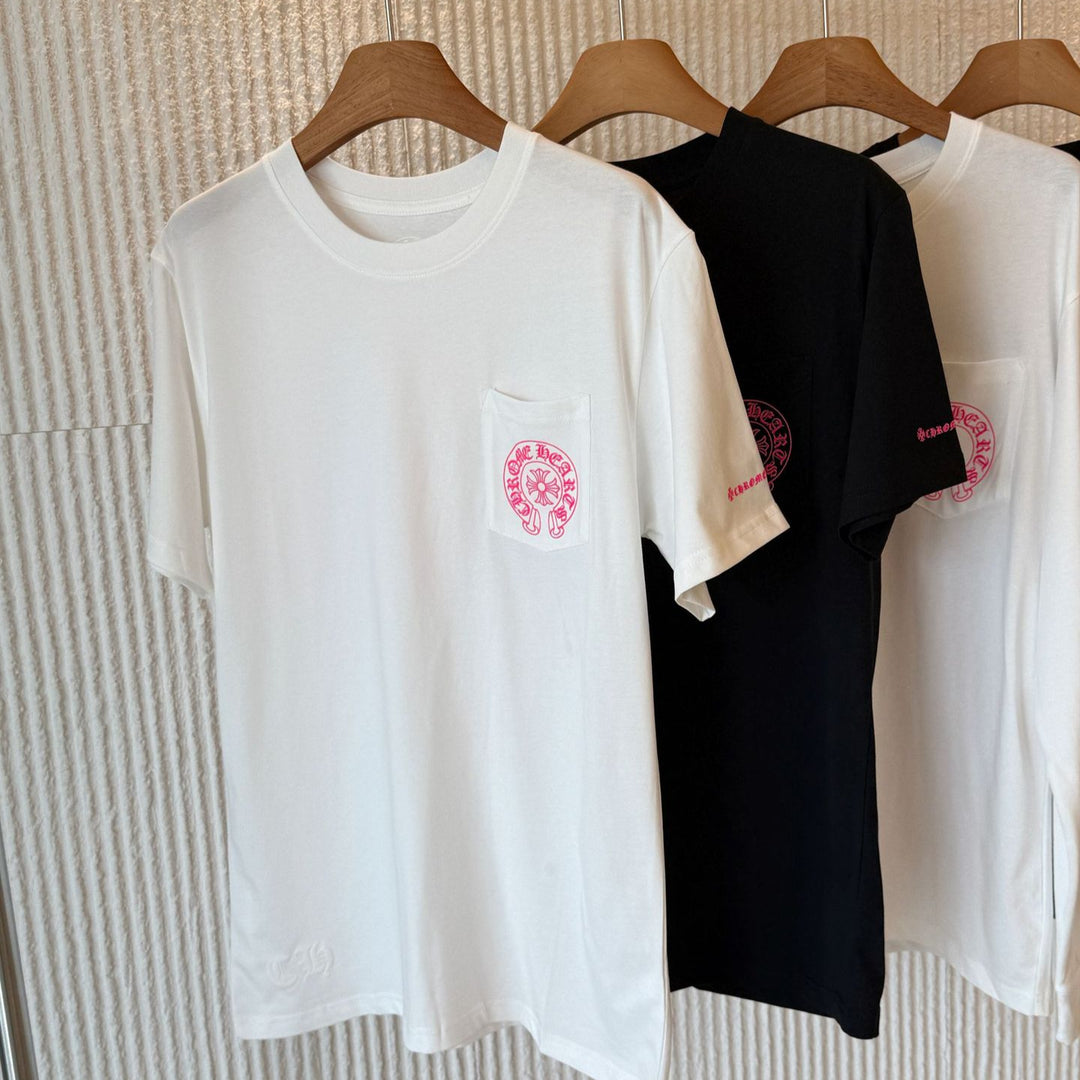 Chrome Hearts Pink Horseshoe Flower Sleeve Print T-Shirt