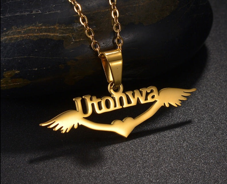 Personalized name necklace wings love pendant clavicle chain