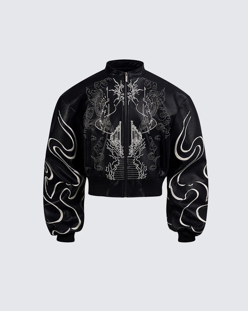 Gothic embroidered motorcycle leather jacket