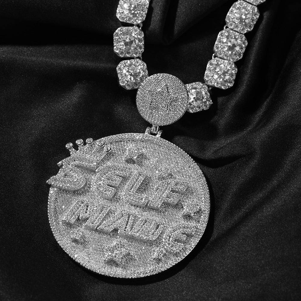 Self made hip-hop large diamond-encrusted disc necklace