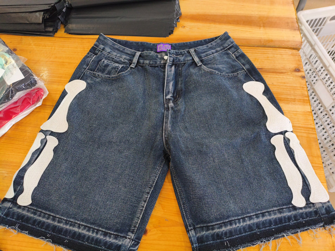 Y2K Embroidered Bone Casual Pants Loose Denim Shorts