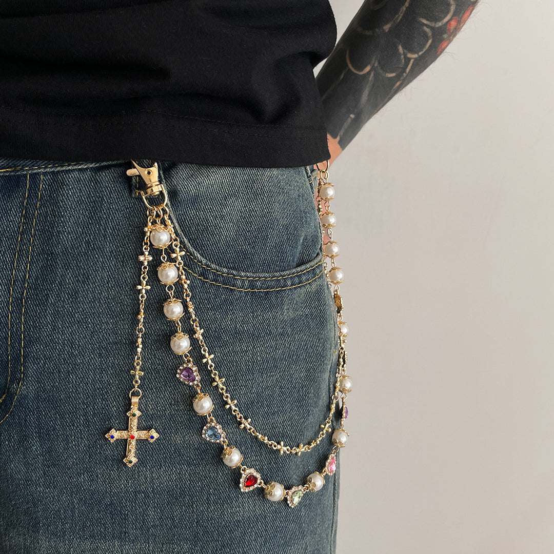 Pearl, Multi-Gemstone, Cross & Floral Pant Chain
