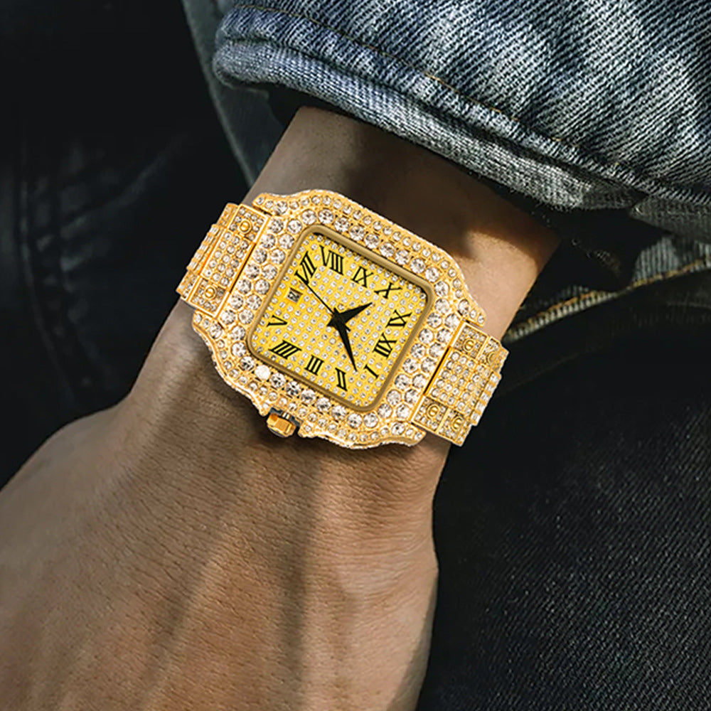 Hip-Hop Square Quartz Watch with Full Diamonds and Roman Markers