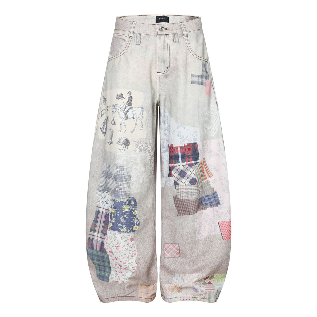 Patchwork Print Curved Blade Loose Fit Jeans