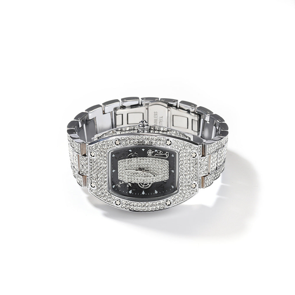 Diamond-set color-blocked hip-hop tonneau-shaped watch