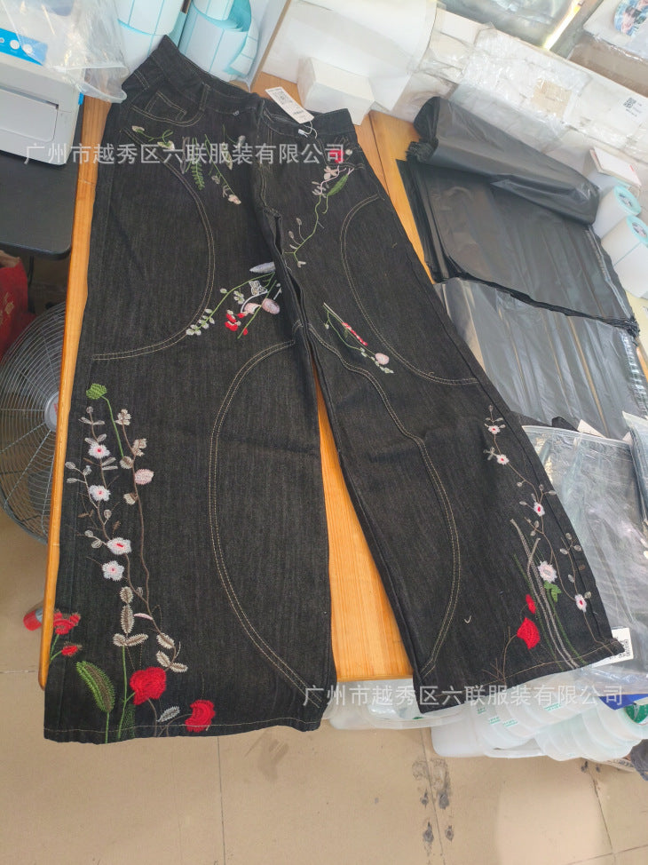 Y2K Loose-Fit Wide-Leg Patchwork Jeans with Floral Embroidery