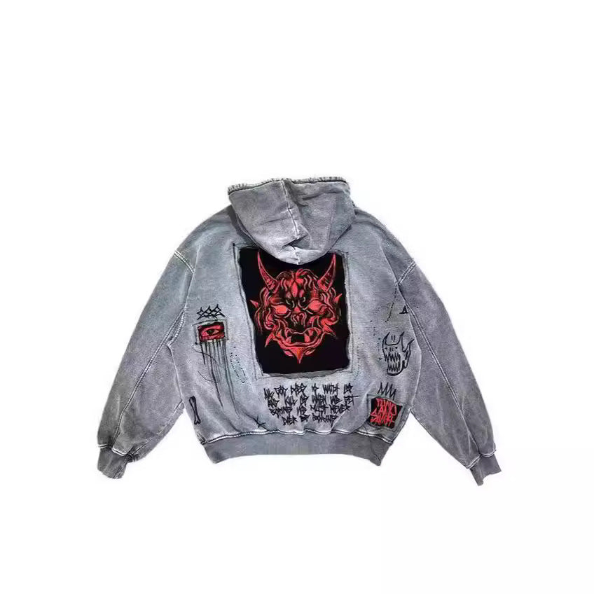 Y2K Retro Hoodie with Devil Print and Appliqué